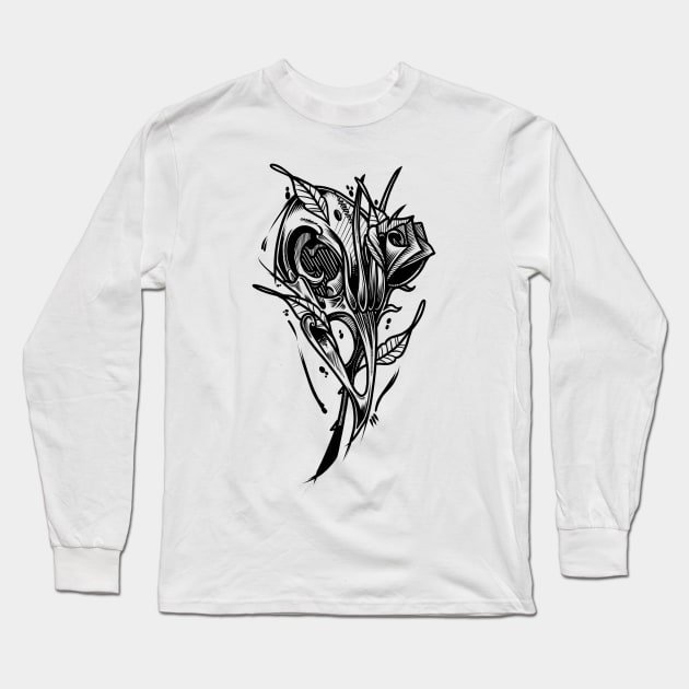 Bird Skull & Rose Ink Long Sleeve T-Shirt by Scottconnick